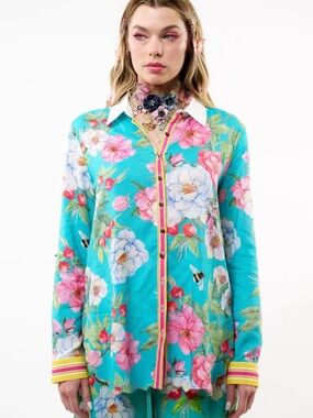 Aratta La Ville Rose Shirt in Aqua Floral, NWT
